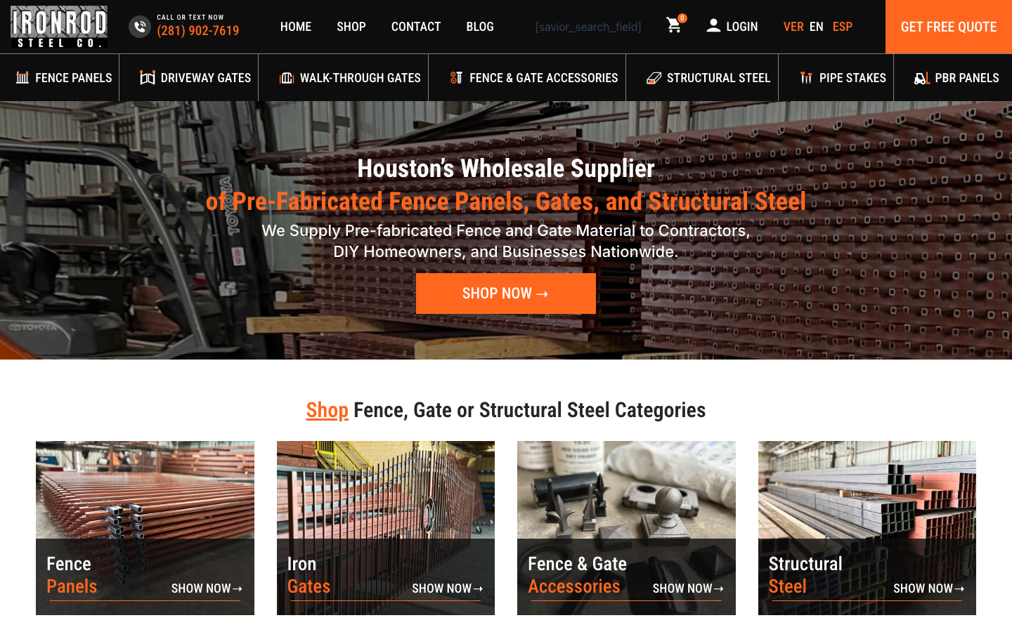 The Ironrod Steel homepage — a Houston wholesale supplier of fence panels, gates, and structural steel